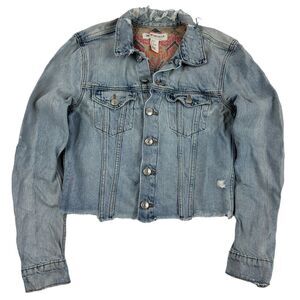 H&M x Coachella Official Collection Denim Blue Jean Jacket Distressed L/S Sz 8